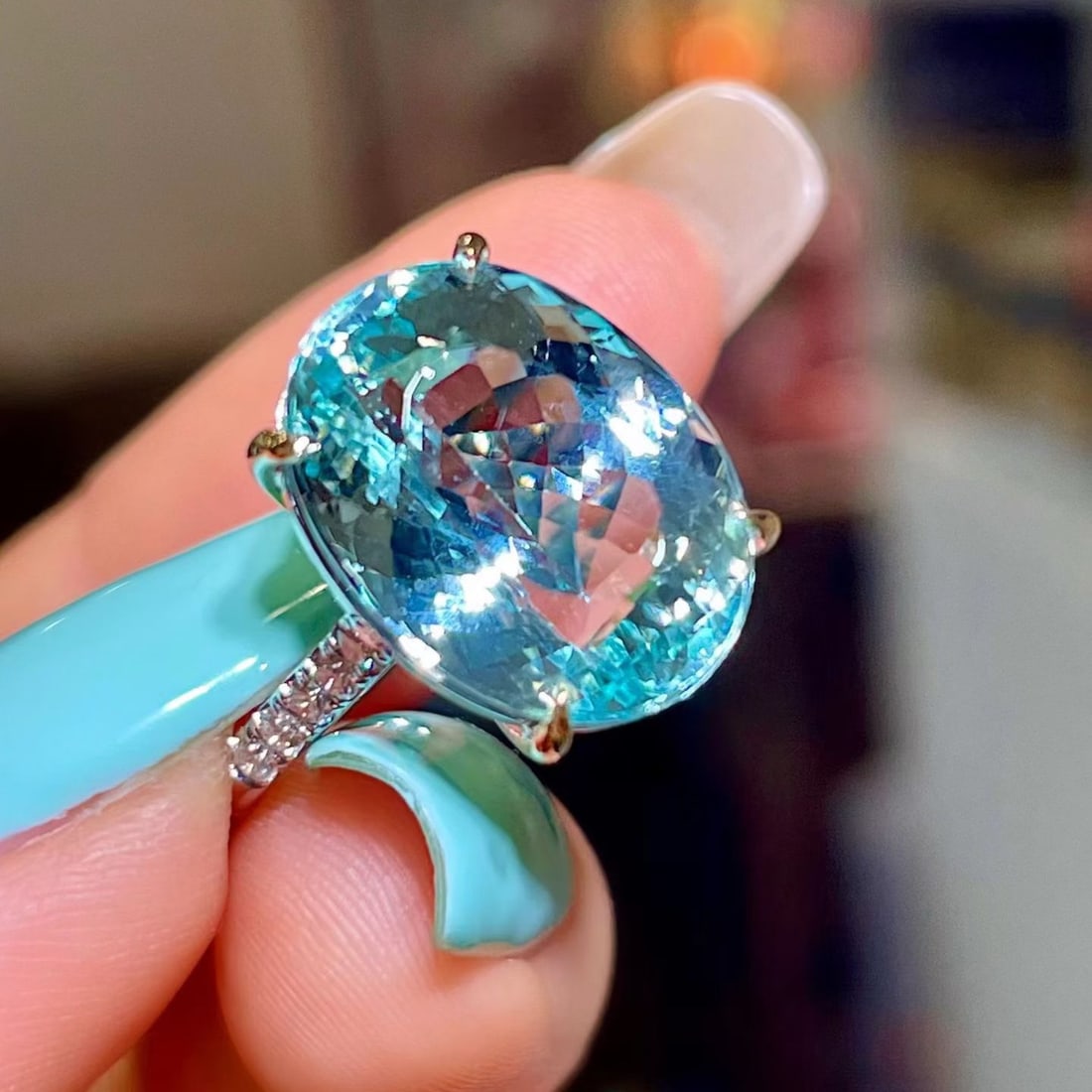 14k Gold 8.59 Ctw Natural Aquamarine & Diamond Ring - 3