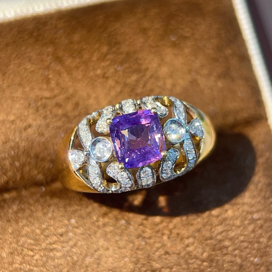 14k Gold 1.59 Ctw Natural Sapphire & Diamond Ring: Ref:231174253 // gold content:14k gold // ring size:7. 25us // // main gemstone:sapphire // shape:cushion // carat weight:1. 30ct // color:purple // treatment:natural // // adjacent gemstone 2 :