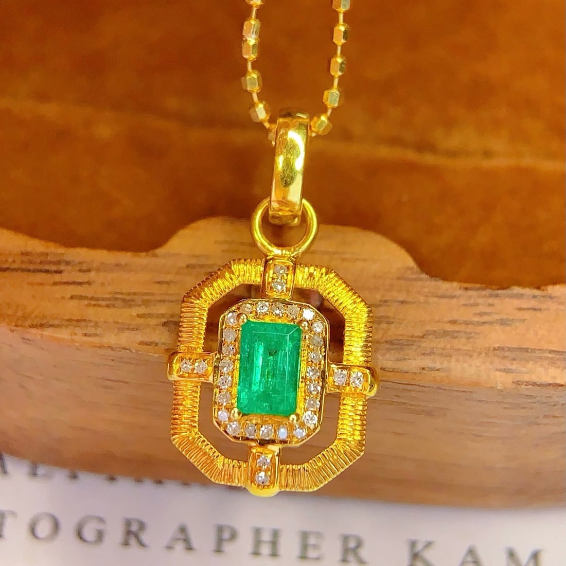 14k Gold 0.4 Ct Natural Emerald & Diamond Pendant( Without Chain ) - 5