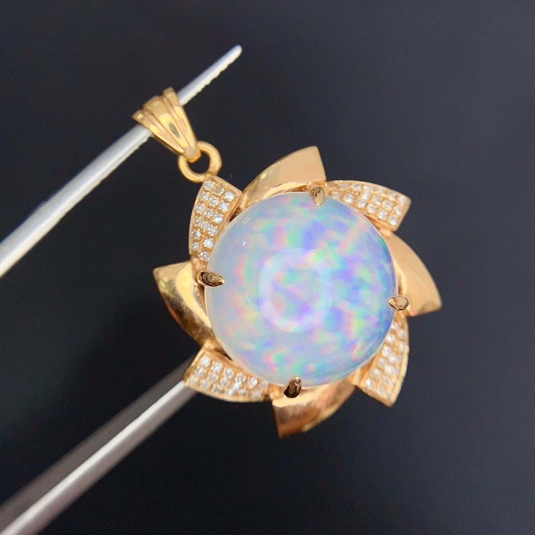 14k Gold 9.8 Ct Natural Opal & Diamond Pendant( Without Chain ) - 4