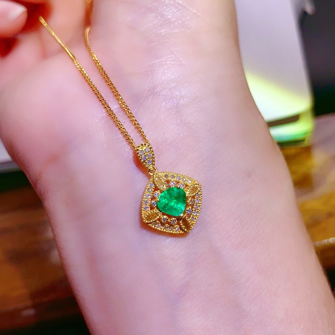 14k Gold 0.5 Ct Natural Emerald & Diamond Pendant( Without Chain ) - 6