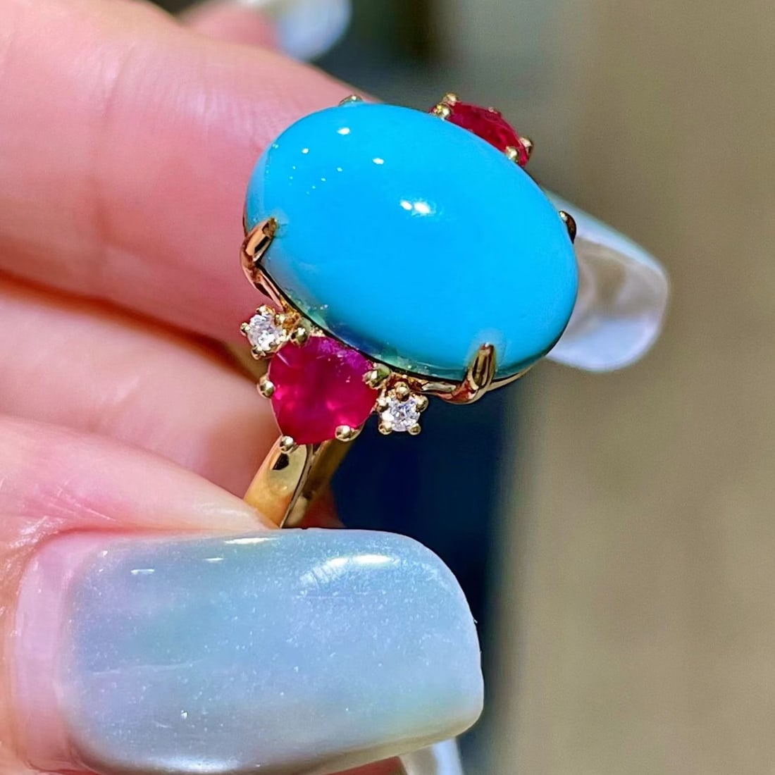 14k Gold 7.85 Ctw Natural Blue Turquoise & Ruby Ring - 4