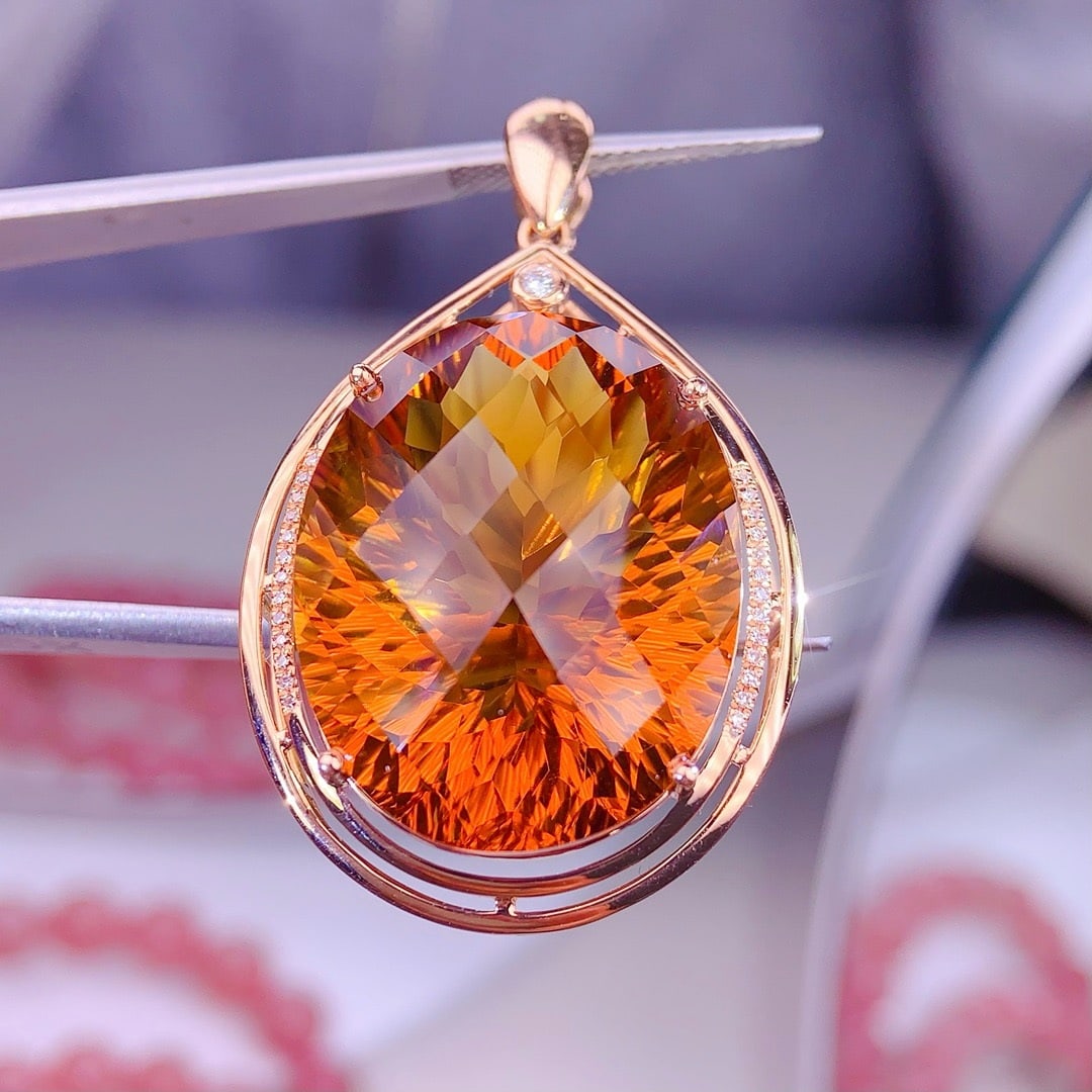 14k Gold 38 Ct Natural Citrine & Diamond Pendant( Without Chain ) - 6