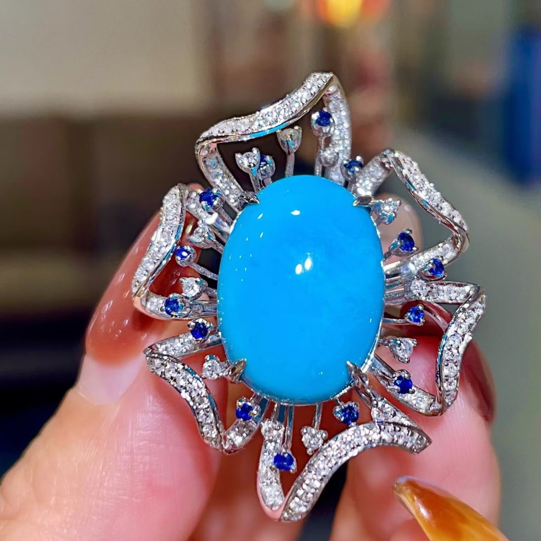 14k Gold 9.76 Ctw Natural Blue Turquoise & Sapphire Ring: Ref:231174408 // gold content:14k gold // ring size:7. 25us // // main gemstone:blue turquoise // shape:oval // carat weight:9. 53ct // color:blue // treatment:natural // // adjacent gemstone 2 :