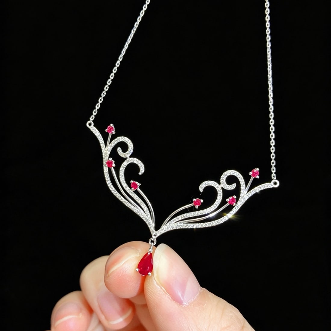 14k Gold 1.04 Ctw Natural Ruby & Diamond Necklace: Ref:231175053gold // content:14k // goldmain // gemstone:rubyshape:pearcarat // weight:0. 36ct // color:redtreatment:naturaladjacent // gemstone // 2 // : // diamondshape:roundcarat // weight:0. 68ct 