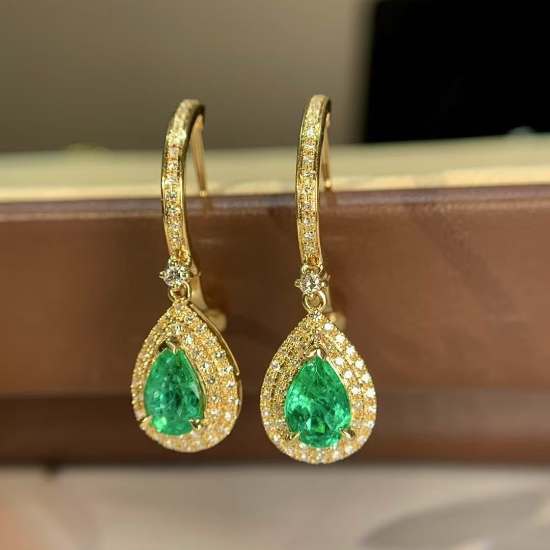 14k Gold 1.33 Ct Natural Emerald & Diamond Earrings - 2