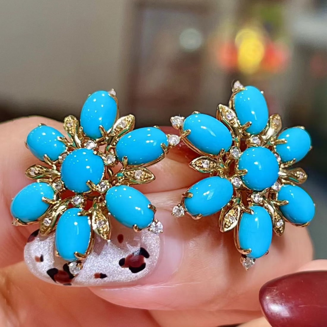 14k Gold 6.31 Ctw Natural Blue Turquoise & Diamond Earrings: Ref:231175118gold // content:14k // goldmain // gemstone:blue // turquoiseshape:multiplecarat // weight:6. 08ct // color:bluetreatment:naturaladjacent // gemstone // 2 // : // diamondshape:roundcarat 