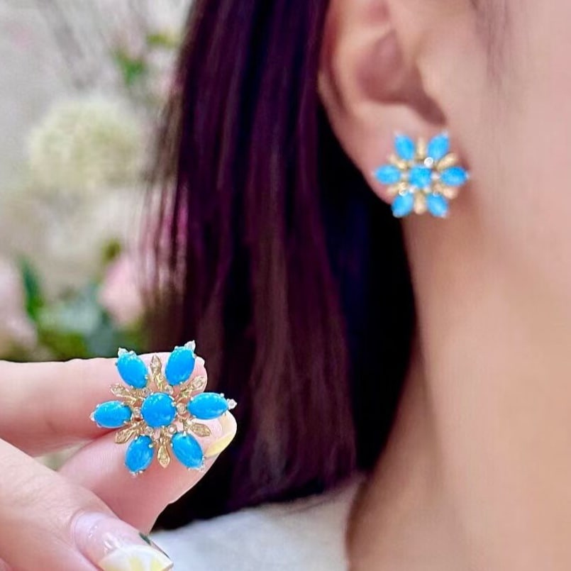 14k Gold 6.31 Ctw Natural Blue Turquoise & Diamond Earrings - 2