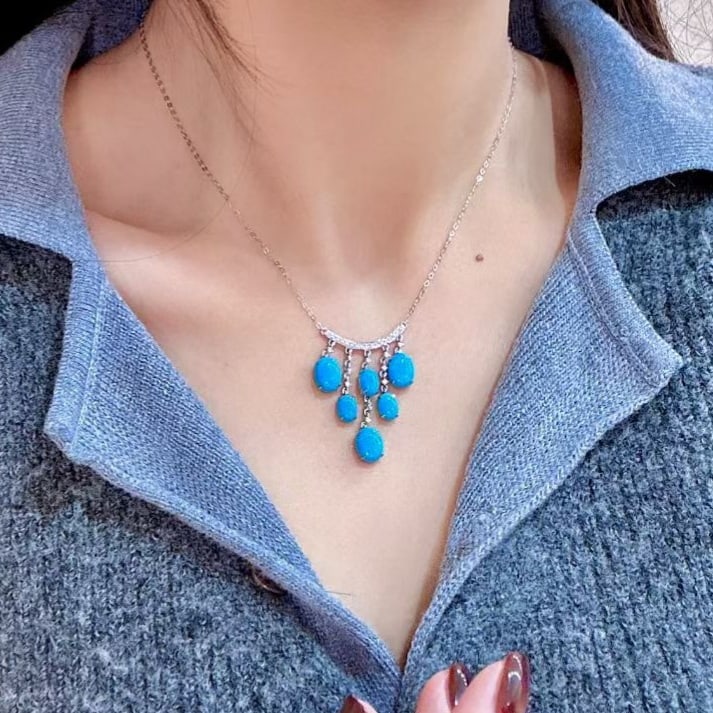 14k Gold 7.73 Ctw Natural Blue Turquoise & Diamond Necklace - 3