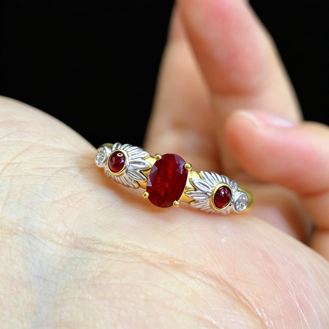 14k Gold 0.74 Ctw Natural Ruby & Ruby Ring: Ref:231175132gold // content:14k // goldring // size:7. 25usmain // gemstone:rubyshape:ovalcarat // weight:0. 57ct // color:pigeonblood // redtreatment:naturaladjacent // gemstone // 2 // : //
