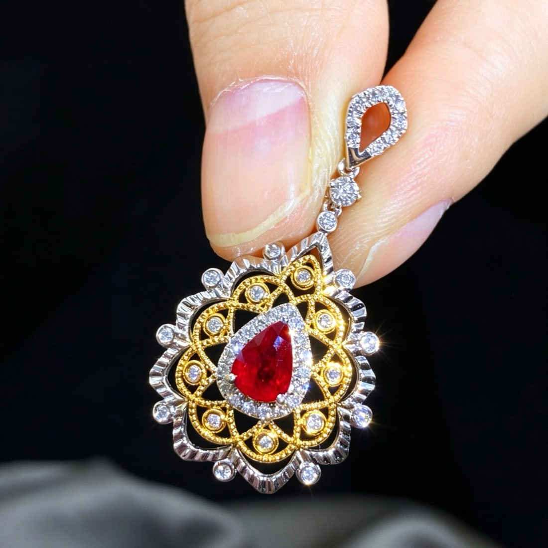 14k Gold 1.30 Ctw Natural Ruby & Diamond Pendant( Without Chain ): Ref:231175137gold // content:14k // goldmain // gemstone:rubyshape:pearcarat // weight:0. 86ct // color:pigeonblood // redtreatment:naturaladjacent // gemstone // 2 // : // diamondshape:roundcarat // 