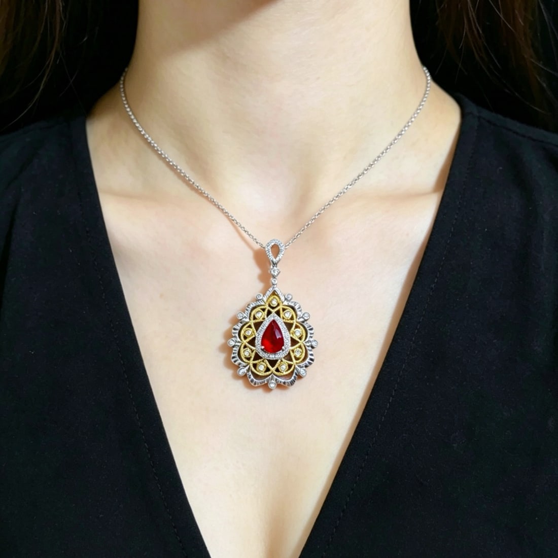 14k Gold 1.30 Ctw Natural Ruby & Diamond Pendant( Without Chain ) - 4