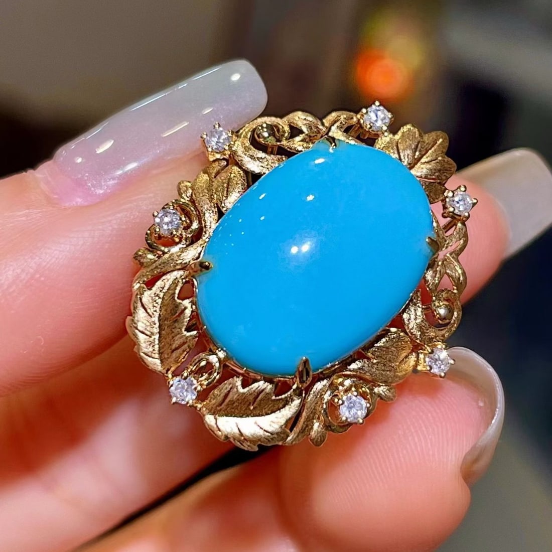 14k Gold 9.36 Ctw Natural Blue Turquoise & Diamond Ring - 2