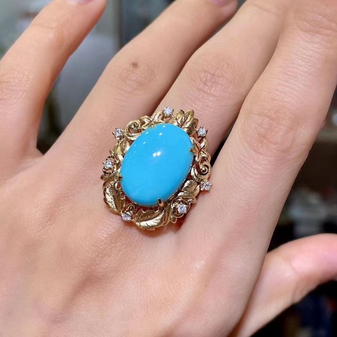 14k Gold 9.36 Ctw Natural Blue Turquoise & Diamond Ring - 3