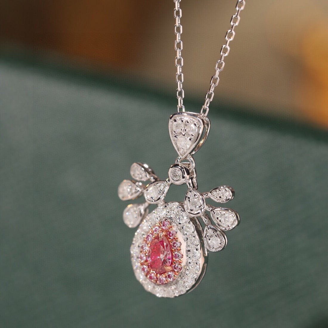 14k Gold 0.47 Ctw Natural Pink Diamond & Diamond Necklace: Ref:231175197gold // content:14k // goldmain // gemstone:pink // diamondshape:pearcarat // weight:0. 17ct // color:pinktreatment:naturaladjacent // gemstone // 2 // : // diamondshape:roundcarat // wei