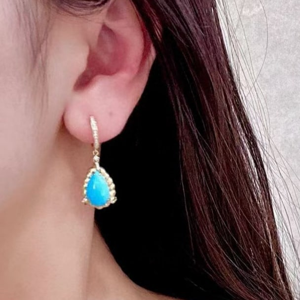 14k Gold 5.63 Ctw Natural Blue Turquoise & Diamond Earrings - 3
