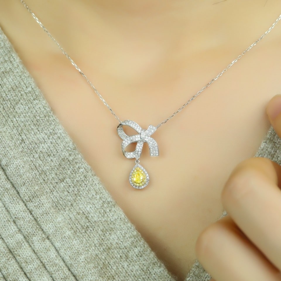 14k Gold 0.69 Ctw Natural Yellow Diamond & Diamond Necklace - 3
