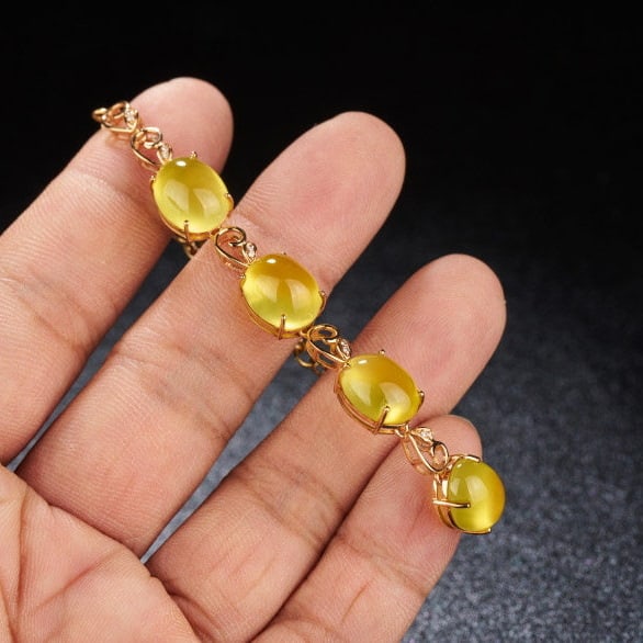 14k Gold 22.5 Ct Natural Prehnite & Diamond Bracelet - 7
