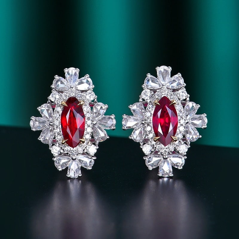 14k Gold 1.75 Ctw Natural Ruby & Diamond Earrings: Ref:231176009gold // content:14k // goldmain // gemstone:rubyshape:marquisecarat // weight:1. 04ct // color:pigeonblood // redtreatment:naturaladjacent // gemstone // 2 // : // diamondnumber // of // 