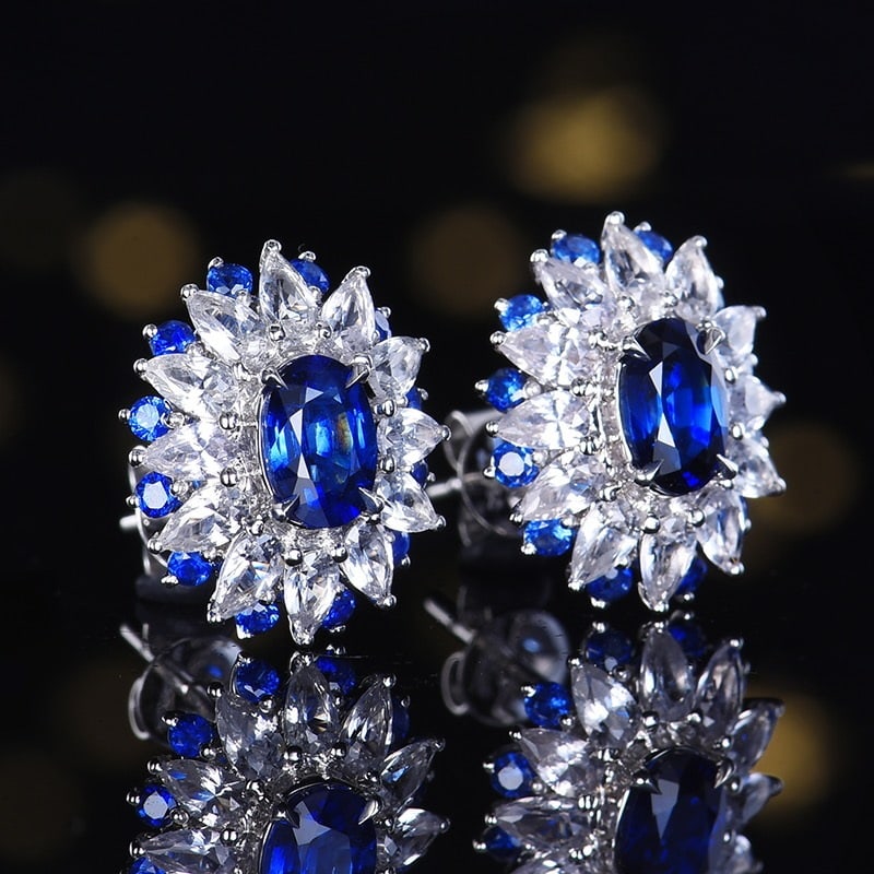 14k Gold 1.38 Ct Vivid Blue Natural Sapphire & Sapphire & Sapphire Earrings - 3