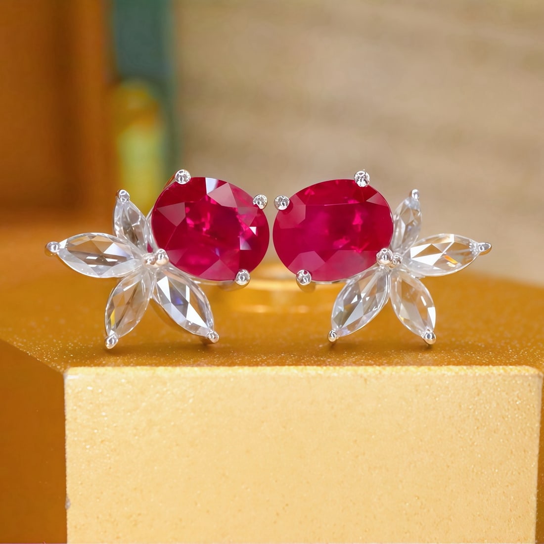 14k Gold 1.24 Ctw Natural Ruby & Diamond Earrings: Ref:231176034gold // content:14k // goldmain // gemstone:rubyshape:ovalcarat // weight:1. 03ct // color:redtreatment:naturaladjacent // gemstone // 2 // : // diamondnumber // of // stones:8shape:marqu