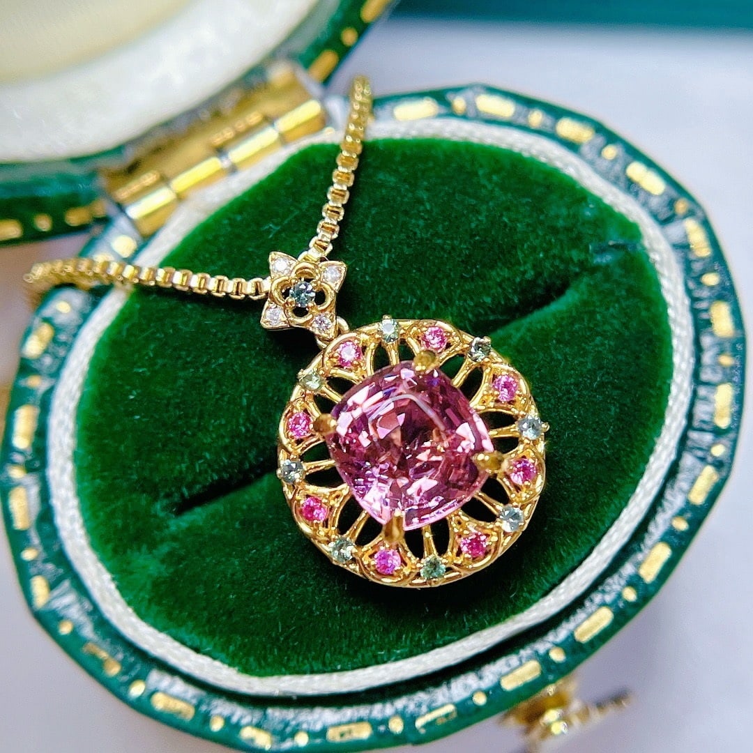 14k Gold 1.30 Ctw Natural Spinel & Sapphire Pendant( Without Chain ): Ref:231176045gold // content:14k // goldmain // gemstone:spinelshape:cushioncarat // weight:1. 19ct // color:pinktreatment:naturaladjacent // gemstone // 2 // : // sapphireshape:roundcarat //
