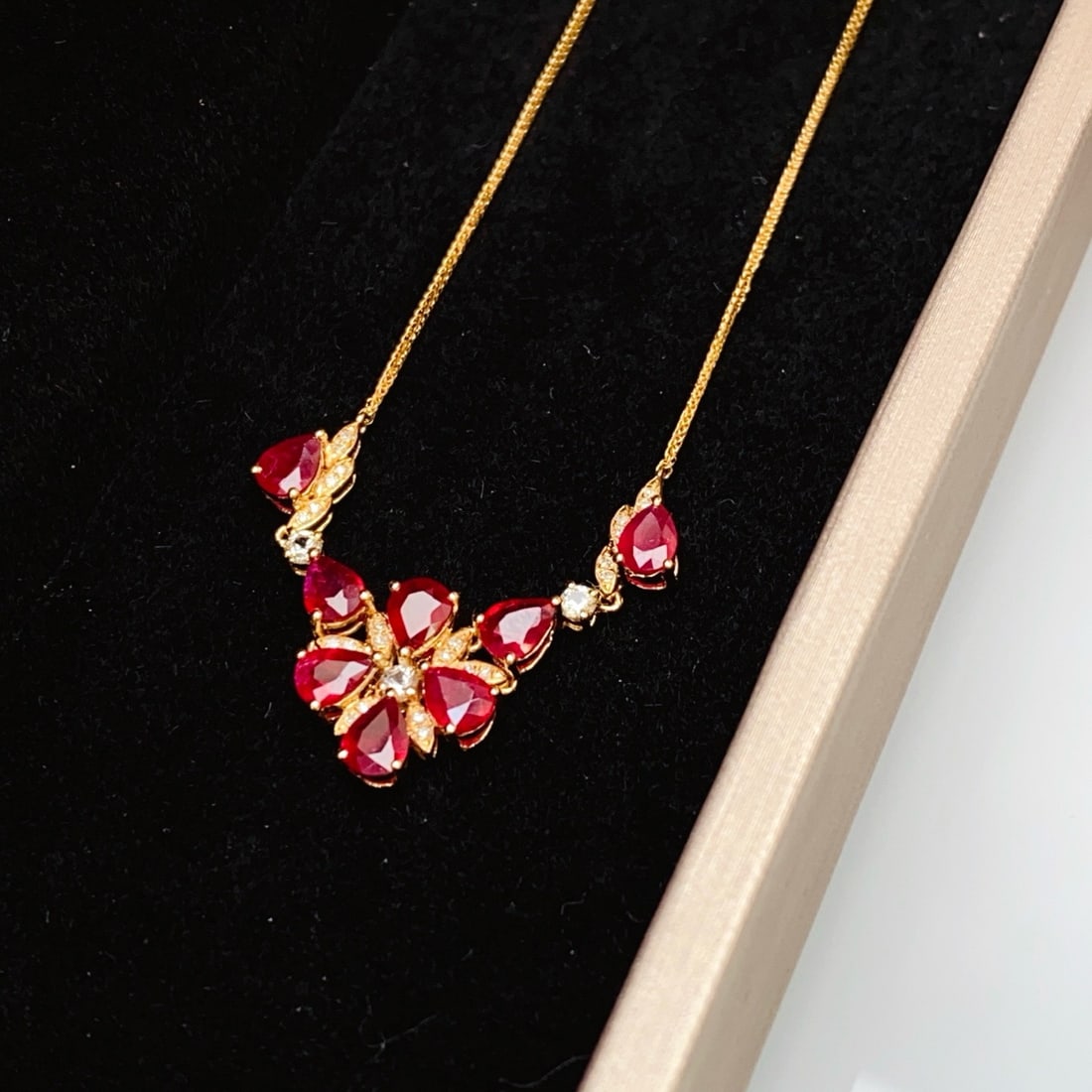 14k Gold 2.50 Ct Natural Ruby & Diamond & Sapphire Necklace: Ref:231176049gold // content:14k // goldmain // gemstone:rubyshape:pearcarat // weight:2. 50ct // color:redtreatment:naturaladjacent // gemstone // 2 // : // diamondnumber // of //