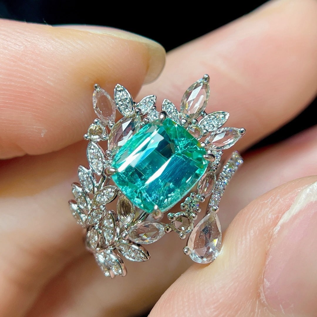 14k Gold 2.39 Ctw Natural Paraiba Tourmaline & Diamond Ring: Ref:231176057gold // content:14k // goldring // size:7. 25usmain // gemstone:paraiba // tourmalineshape:cushioncarat // weight:2. 17ct // color:bluetreatment:naturaladjacent // gemstone // 2 // : // d