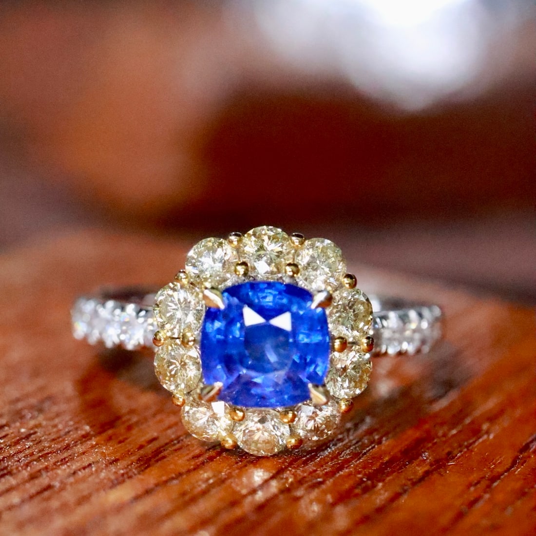 14k Gold 2.32 Ctw Natural Sapphire & Diamond Ring: Ref:231176076gold // content:14k // goldring // size:7. 25usmain // gemstone:sapphireshape:cushioncarat // weight:1. 16ct // color:bluetreatment:naturaladjacent // gemstone // 2 // : //