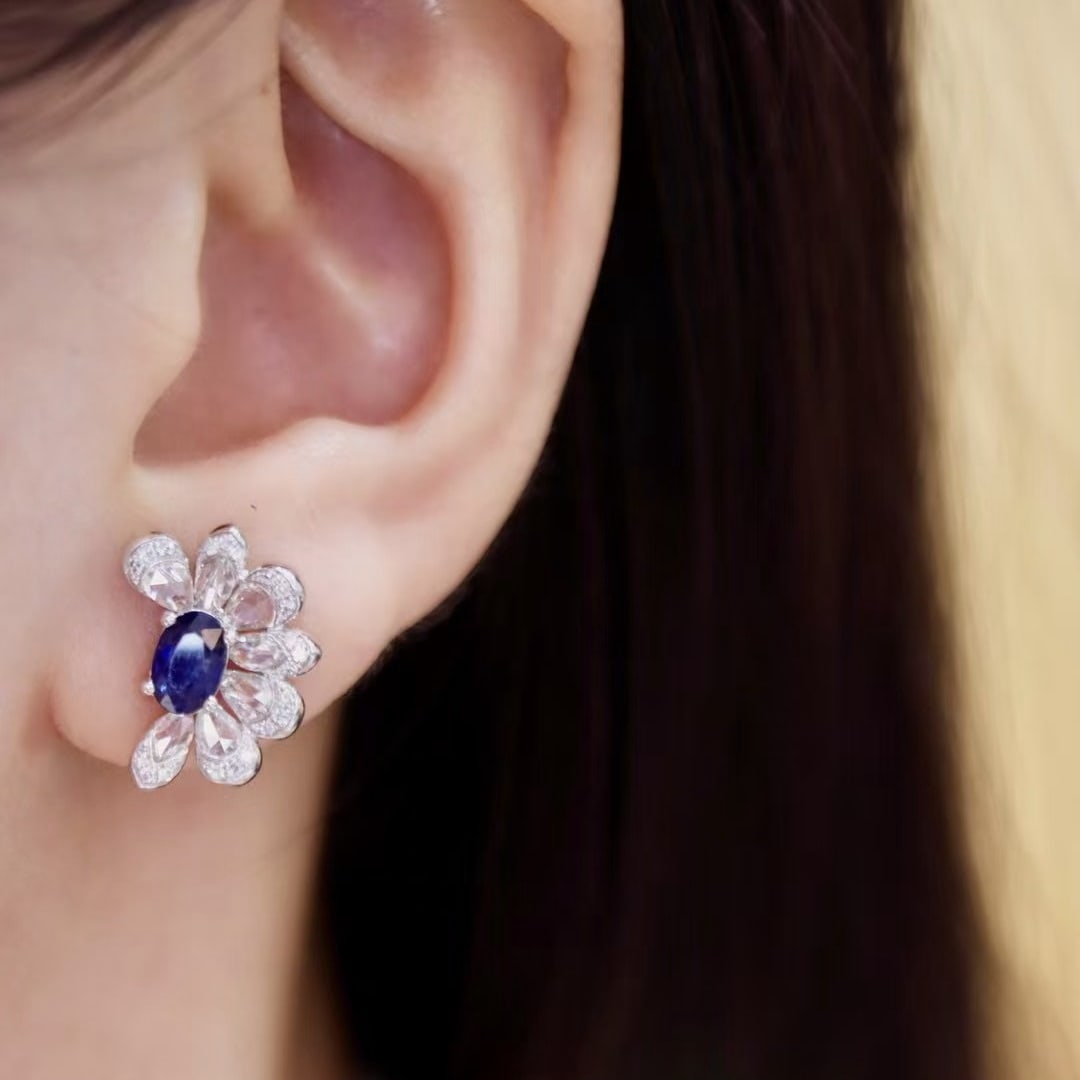 14k Gold 1.42 Ctw Natural Sapphire & Diamond Earrings - 5