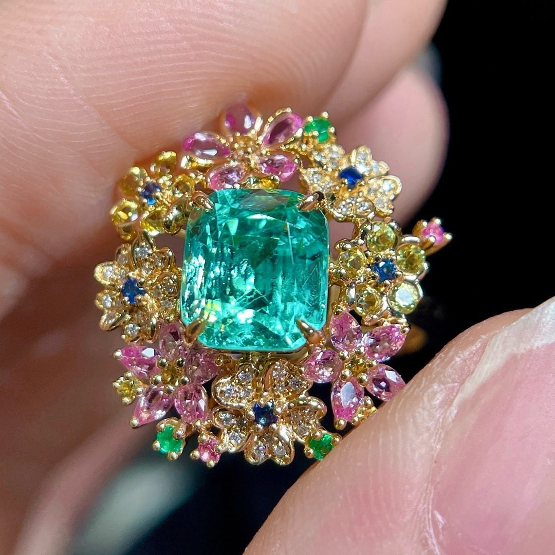 14k Gold 3.31 Ctw Natural Paraiba Tourmaline & Sapphire Ring: Ref:231176082gold // content:14k // goldring // size:7. 25usmain // gemstone:paraiba // tourmalineshape:cushioncarat // weight:2. 28ct // color:bluetreatment:naturaladjacent // gemstone // 2 // : // s
