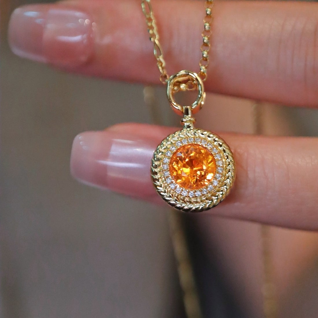 14k Gold 1.63 Ctw Natural Spessartine & Diamond Pendant( Without Chain ): Ref:231176085gold // content:14k // goldmain // gemstone:spessartineshape:roundcarat // weight:1. 55ct // color:orangetreatment:naturalcut // grade:gadjacent // gemstone // 2 // : //
