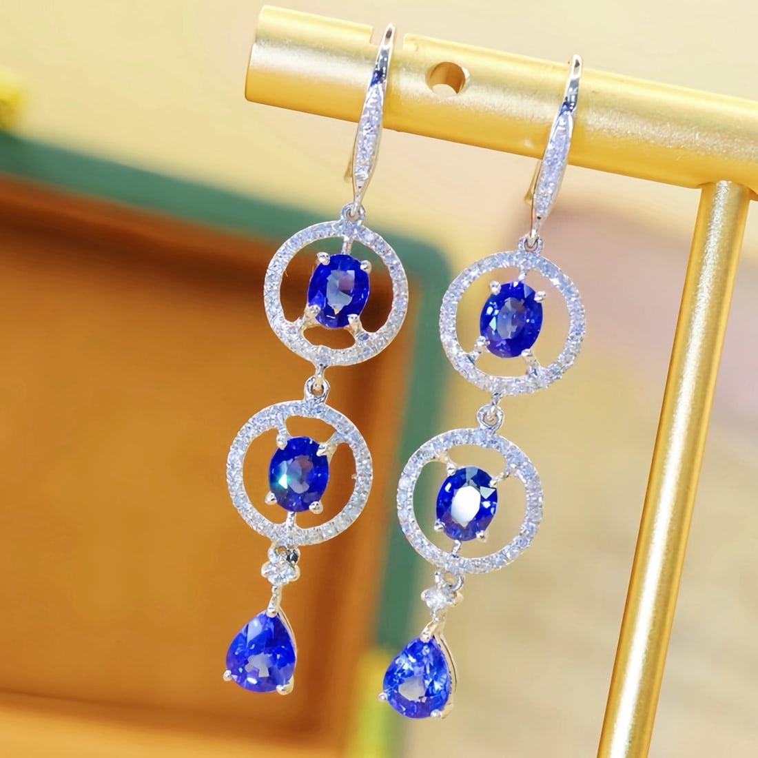 14k Gold 2.93 Ctw Natural Sapphire & Diamond Earrings: Ref:231176090gold // content:14k // goldmain // gemstone:sapphireshape:multiplecarat // weight:2. 55ct // color:bluetreatment:naturaladjacent // gemstone // 2 // : // diamondnumber // of // stones:120