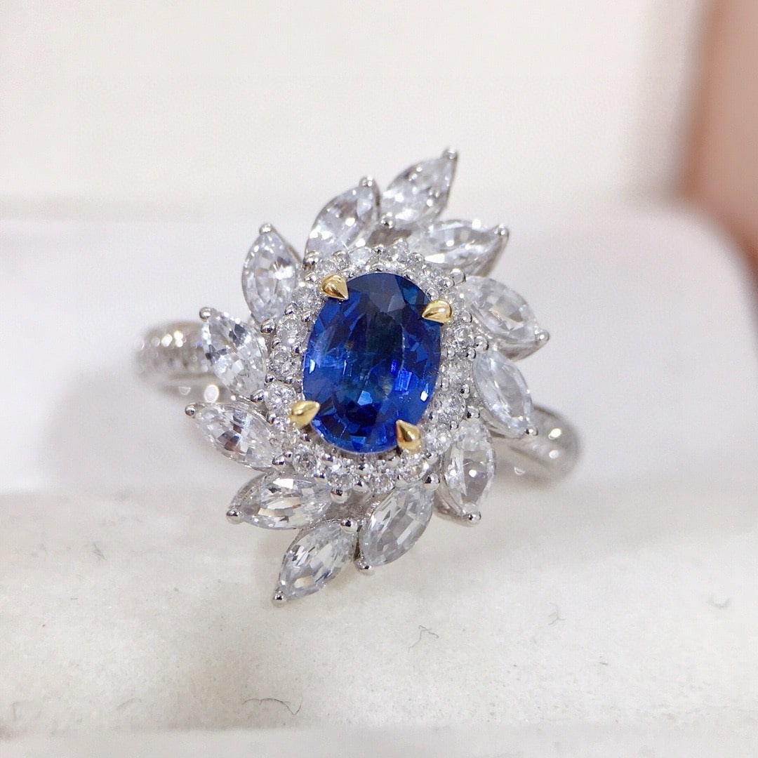 14k Gold 2.16 Ctw Natural Sapphire & Sapphire Ring: Ref:231176110gold // content:14k // goldring // size:7. 25usmain // gemstone:sapphireshape:ovalcarat // weight:0. 93ct // color:bluetreatment:naturaladjacent // gemstone // 2 // : //