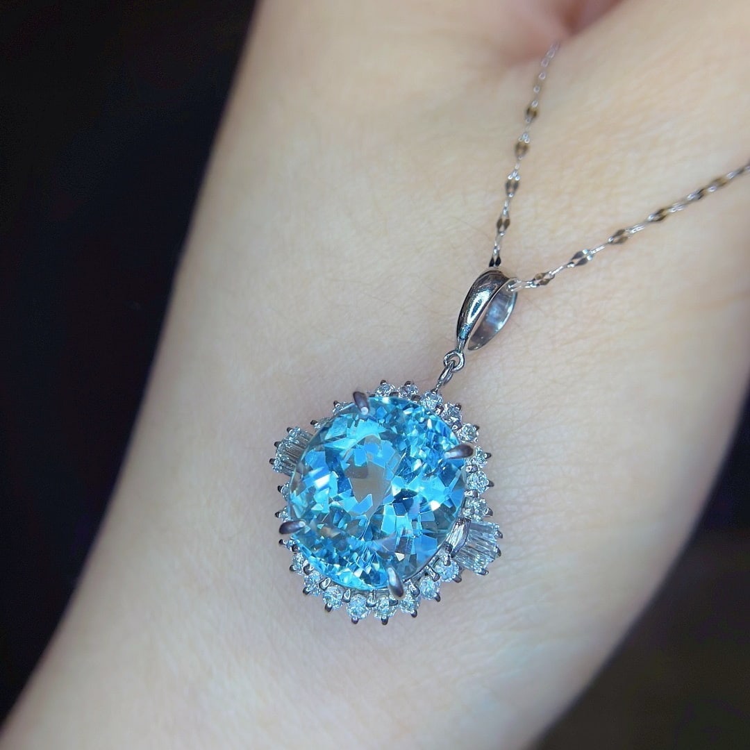 14k Gold 8.22 Ctw Natural Aquamarine & Diamond Pendant( Without Chain ) - 3