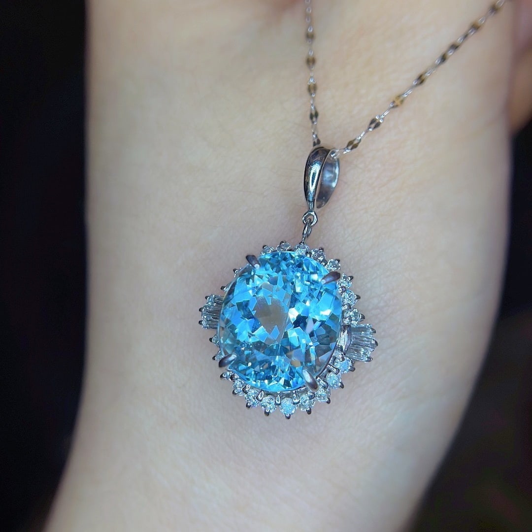 14k Gold 8.22 Ctw Natural Aquamarine & Diamond Pendant( Without Chain ) - 5