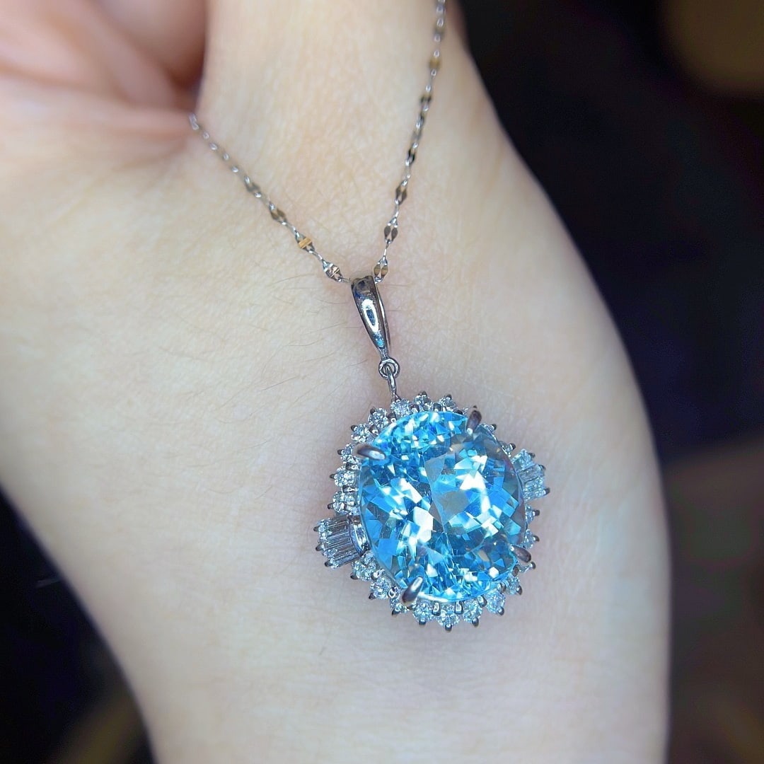 14k Gold 8.22 Ctw Natural Aquamarine & Diamond Pendant( Without Chain ) - 6