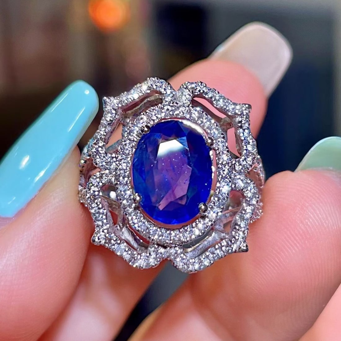 14k Gold 3.18 Ctw Natural Sapphire & Diamond Ring: Ref:231176125gold // content:14k // goldring // size:7. 25usmain // gemstone:sapphireshape:ovalcarat // weight:1. 97ct // color:bluetreatment:naturaladjacent // gemstone // 2 // : //