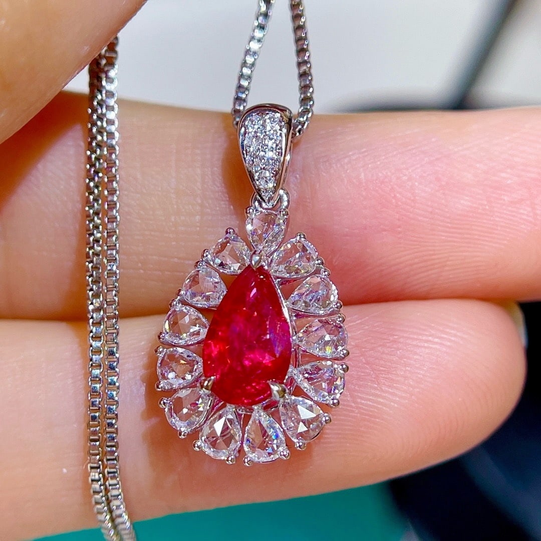 14k Gold 1.67 Ctw Vivid Red Natural Ruby & Diamond Pendant( Without Chain ) - 2