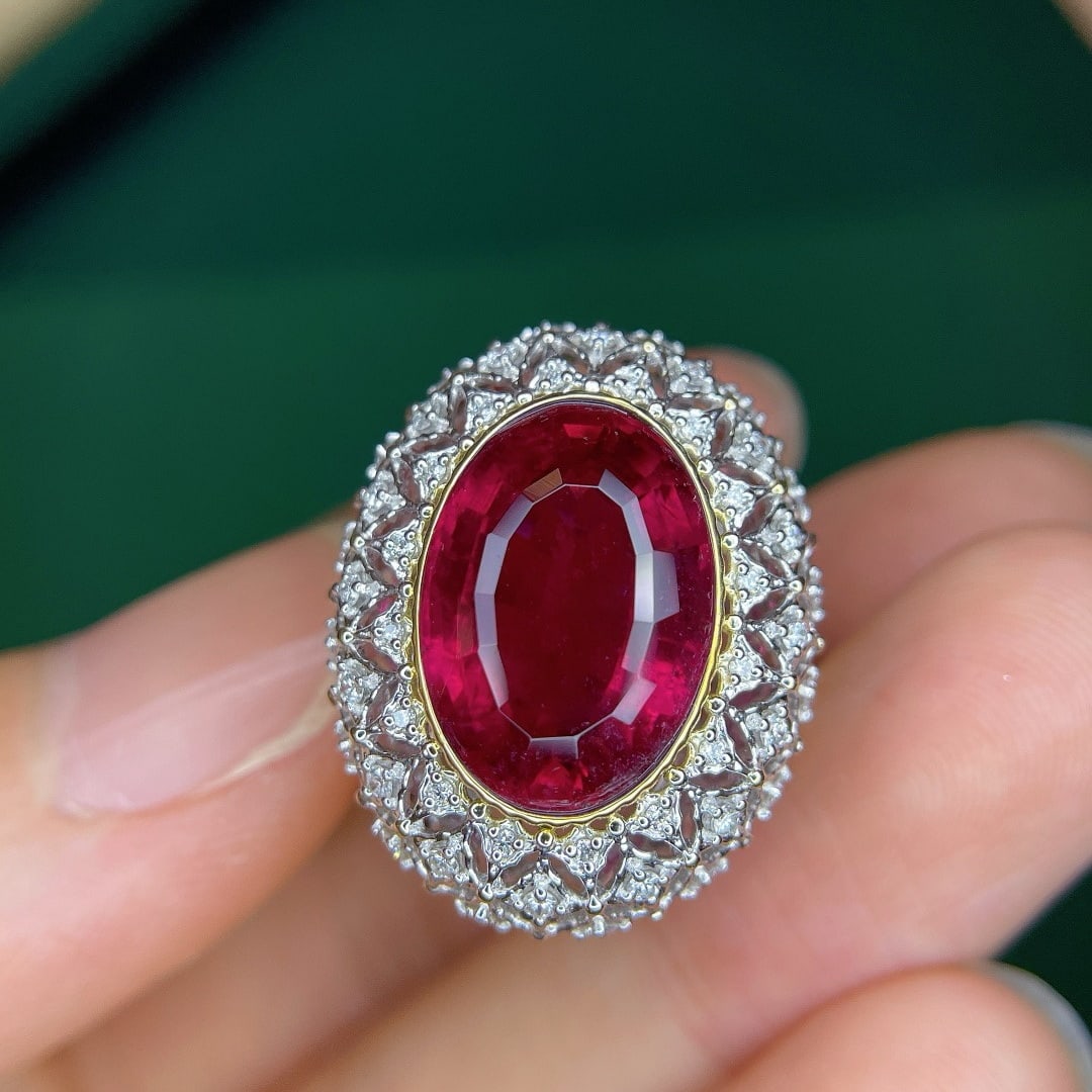 14k Gold 9.05 Ctw Natural Tourmaline & Diamond Ring: Ref:231176141gold // content:14k // goldring // size:7. 25usmain // gemstone:tourmalineshape:ovalcarat // weight:8. 45ct // color:redtreatment:naturaladjacent // gemstone // 2 // : // diamondshape:rou
