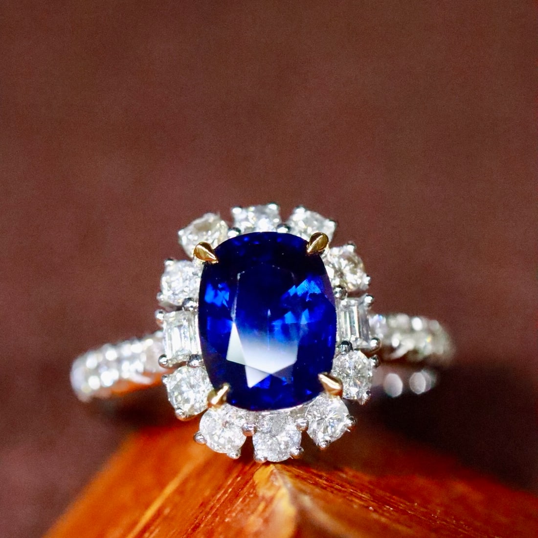 14k Gold 2.13 Ctw Natural Sapphire & Diamond Ring: Ref:231176145gold // content:14k // goldring // size:7. 25usmain // gemstone:sapphireshape:cushioncarat // weight:1. 62ct // color:bluetreatment:naturaladjacent // gemstone // 2 // : //