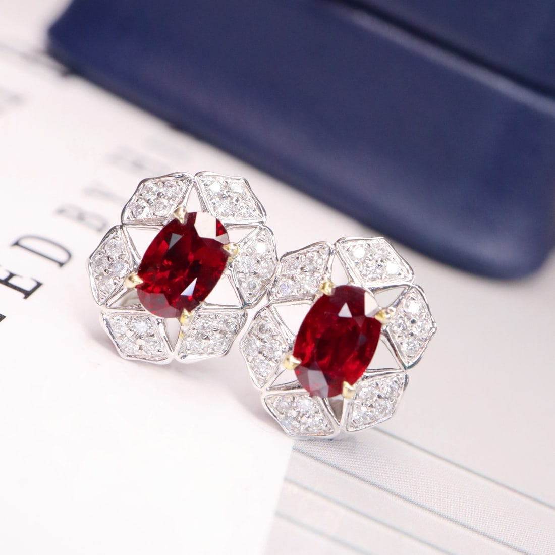 14k Gold 1.48 Ctw Natural Ruby & Diamond Earrings: Ref:231176155gold // content:14k // goldmain // gemstone:rubyshape:ovalcarat // weight:1. 24ct // color:pigeonblood // redtreatment:naturaladjacent // gemstone // 2 // : // diamondshape:roundcarat // 