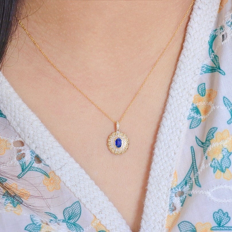 14k Gold 0.61 Ctw Natural Sapphire & Diamond Pendant( Without Chain ) - 4
