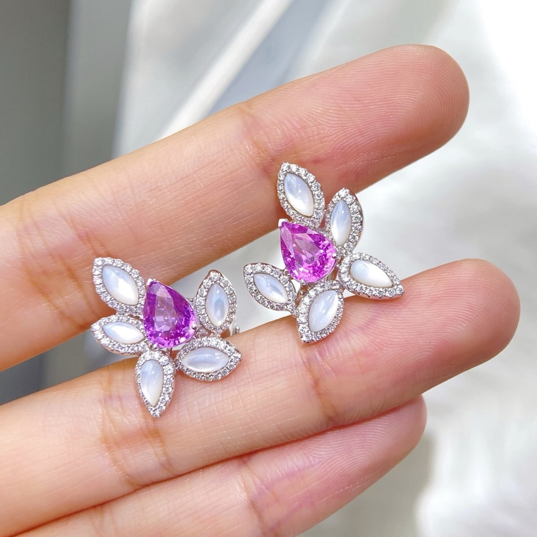 14k Gold 3.64 Ctw Natural Sapphire & Diamond Earrings: Ref:231176166gold // content:14k // goldmain // gemstone:sapphireshape:pearcarat // weight:3. 0ct // color:pinkish // purpletreatment:naturaladjacent // gemstone // 2 // : // diamondshape:roundcarat