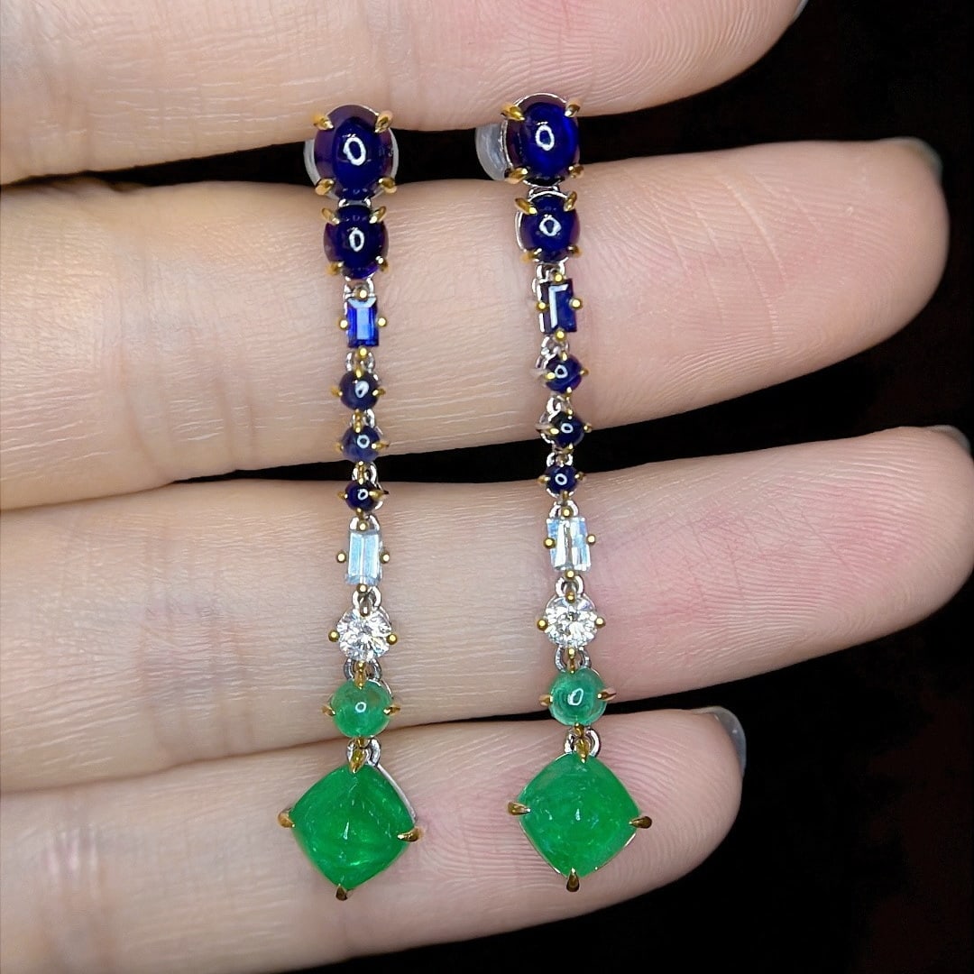 14k Gold 4.30 Ctw Natural Emerald & Sapphire Earrings - 3