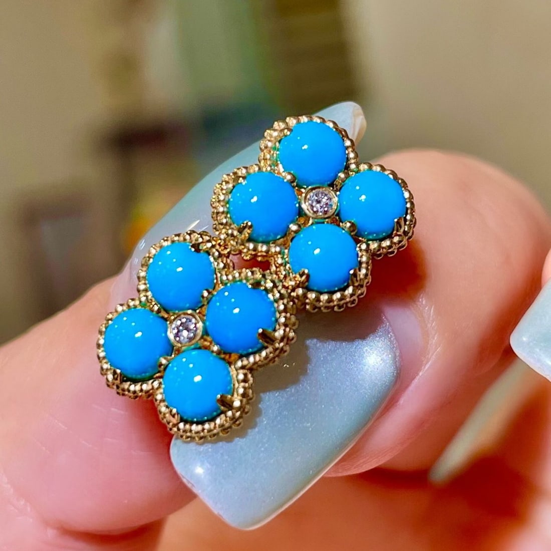 14k Gold 2.35 Ctw Natural Blue Turquoise & Diamond Earrings: Ref:231176188gold // content:14k // goldmain // gemstone:blue // turquoiseshape:roundcarat // weight:2. 32ct // color:bluetreatment:naturalcut // grade:gadjacent // gemstone // 2 // : //