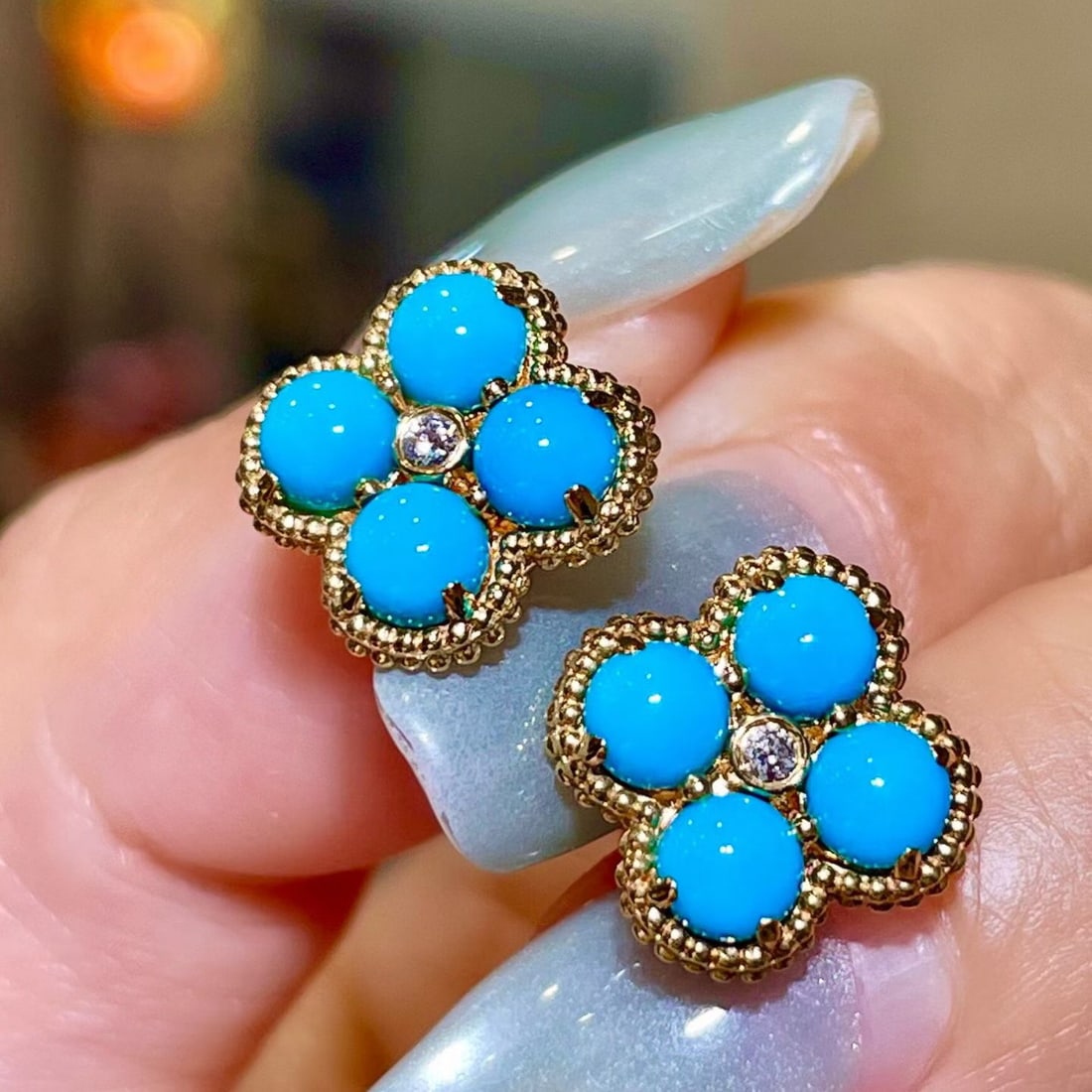 14k Gold 2.35 Ctw Natural Blue Turquoise & Diamond Earrings - 2