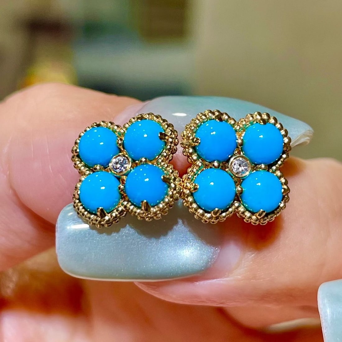 14k Gold 2.35 Ctw Natural Blue Turquoise & Diamond Earrings - 3