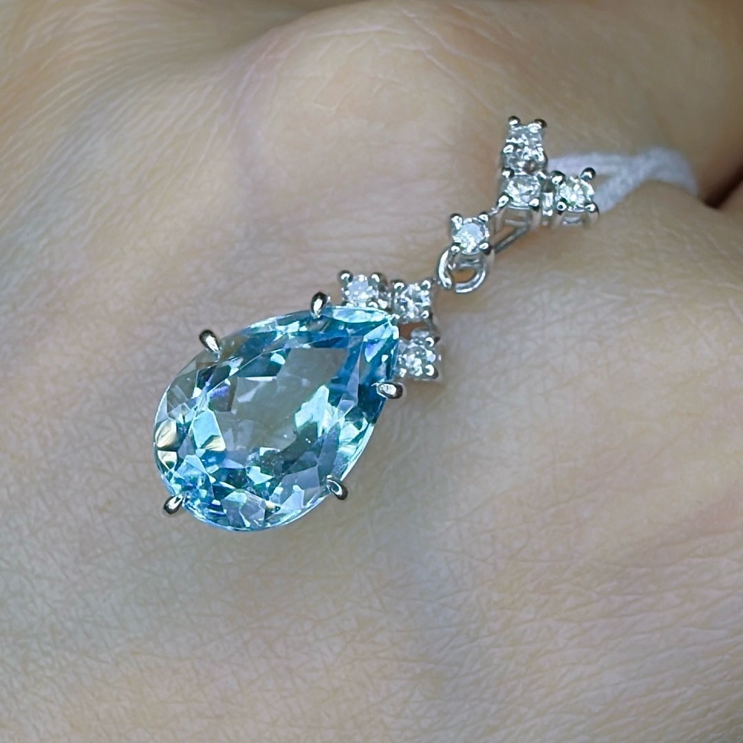 14k Gold 3.43 Ct Natural Aquamarine & Diamond Pendant( Without Chain ) - 2