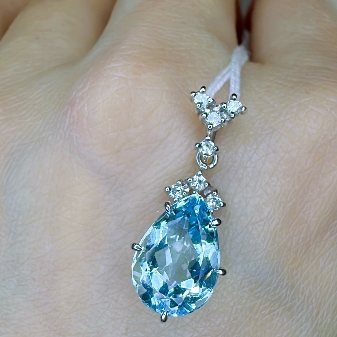 14k Gold 3.43 Ct Natural Aquamarine & Diamond Pendant( Without Chain ) - 3